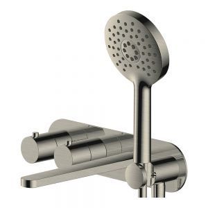 Rak Petit Round Brushed Nickel 4 Hole Wall Mounted Thermostatic Bath Shower Mixer Tap