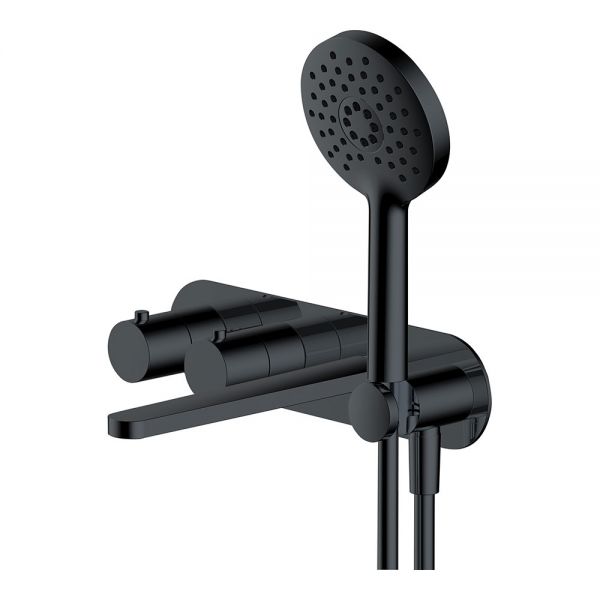 Rak Petit Round Matt Black 4 Hole Wall Mounted Thermostatic Bath Shower Mixer Tap