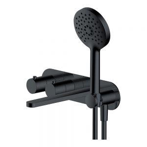 Rak Petit Round Matt Black 4 Hole Wall Mounted Thermostatic Bath Shower Mixer Tap
