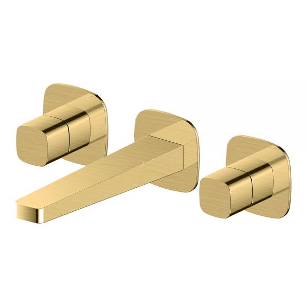 Rak Petit Square Brushed Gold 3 Hole Wall Mounted Basin Mixer Tap