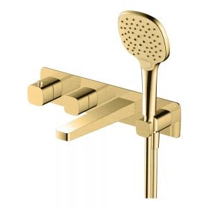 Rak Petit Square Brushed Gold 4 Hole Wall Mounted Thermostatic Bath Shower Mixer Tap