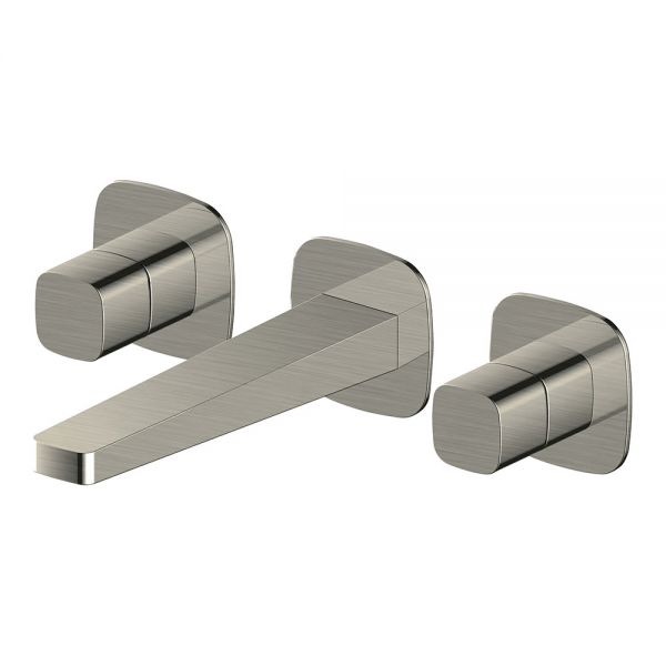 Rak Petit Square Brushed Nickel 3 Hole Wall Mounted Basin Mixer Tap