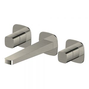 Rak Petit Square Brushed Nickel 3 Hole Wall Mounted Basin Mixer Tap