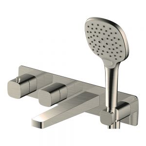 Rak Petit Square Brushed Nickel 4 Hole Wall Mounted Thermostatic Bath Shower Mixer Tap
