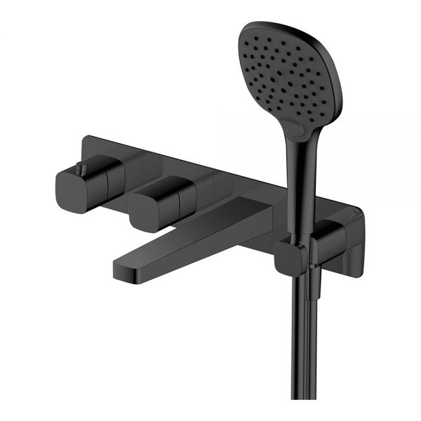 Rak Petit Square Matt Black 4 Hole Wall Mounted Thermostatic Bath Shower Mixer Tap