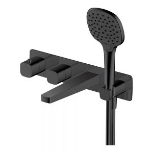 Rak Petit Square Matt Black 4 Hole Wall Mounted Thermostatic Bath Shower Mixer Tap