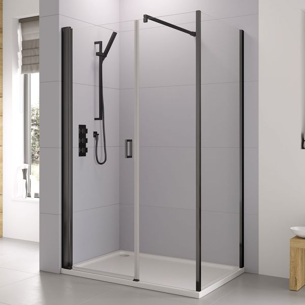 Roman Showers Haven 6 Black Frameless 1500 Pivot Shower Door and Inline Panel