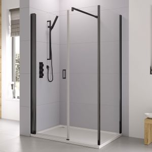 Roman Showers Haven 6 Black Frameless 1500 Pivot Shower Door and Inline Panel