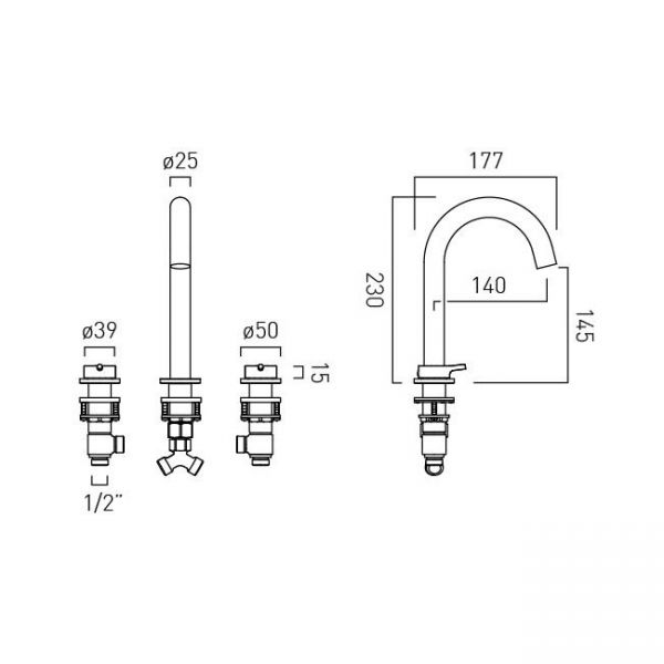 Vado Safari Chrome Deck Mounted 3 Hole Basin Mixer Tap for Low Pressure Systems #2