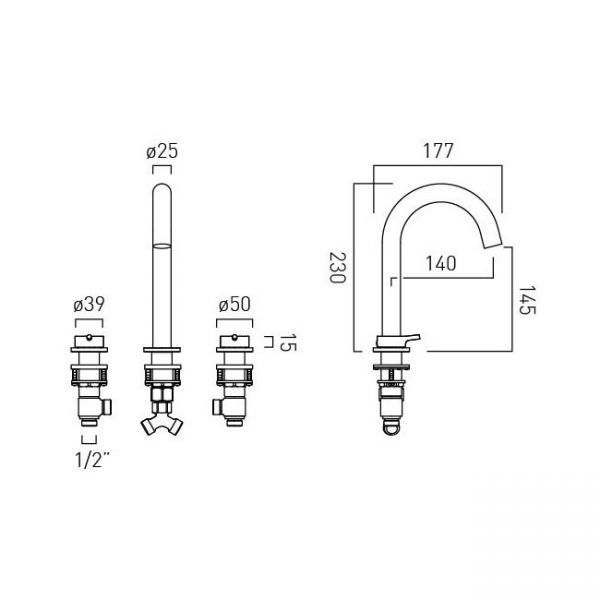 Vado Safari Satin Brass Deck Mounted 3 Hole Basin Mixer Tap #2