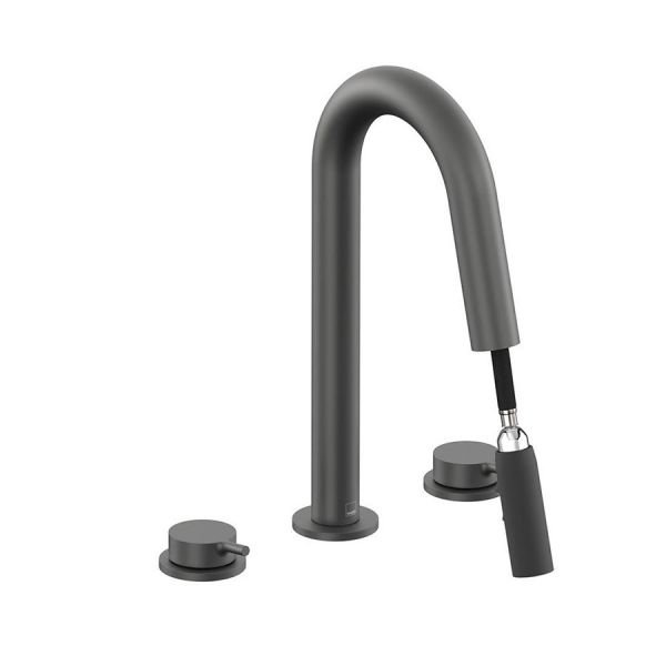 Vado Safari Pewter Deck Mounted 3 Hole Basin Mixer Tap with Pull Out Spout