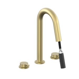 Vado Safari Satin Brass Deck Mounted 3 Hole Basin Mixer Tap with Pull Out Spout