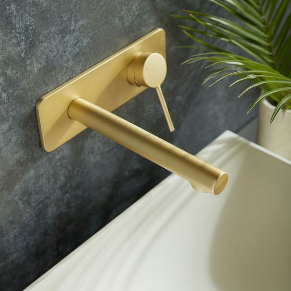Vado Safari Satin Brass Two Hole Wall Mounted Low Pressure Basin Mixer Tap with Square Backplate #3