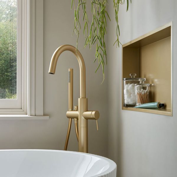 Vado Safari Satin Brass Floor Mounted Bath Shower Mixer Tap #5