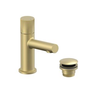 Vado Safari Leverless Satin Brass Low Pressure Mini Basin Mixer Tap with Universal Basin Waste