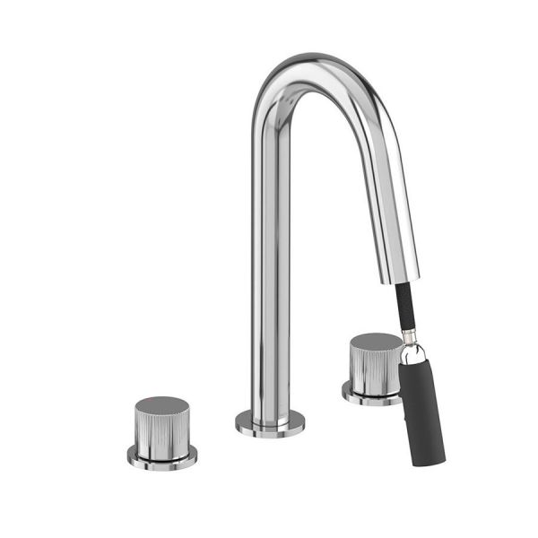 Vado Safari Chrome Leverless Deck Mounted 3 Hole Basin Mixer Tap with Pull Out Spout