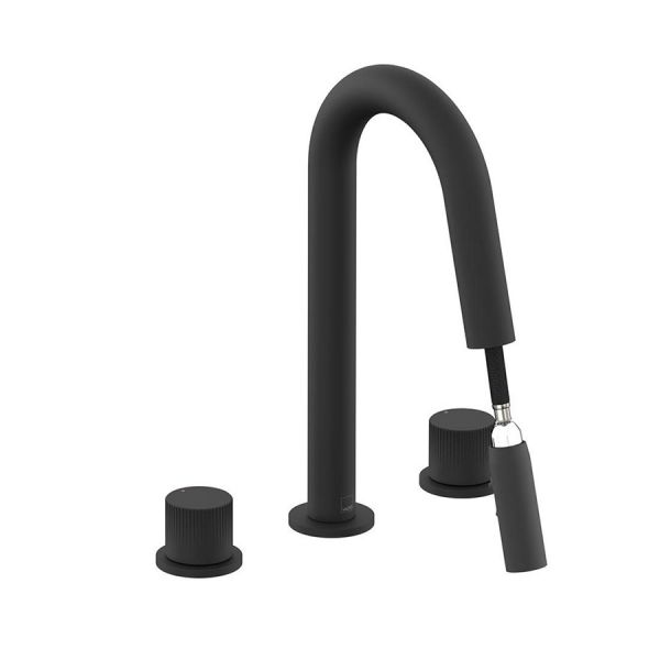 Vado Safari Matt Black Leverless Deck Mounted 3 Hole Basin Mixer Tap with Pull Out Spout