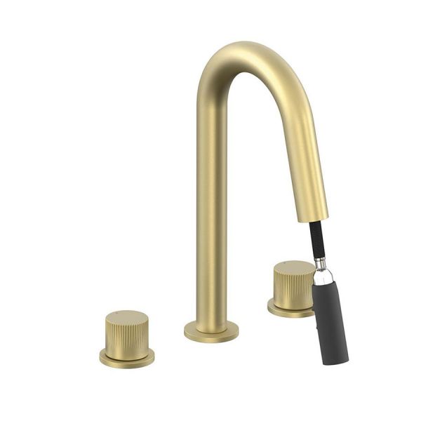 Vado Safari Satin Brass Leverless Deck Mounted 3 Hole Basin Mixer Tap with Pull Out Spout
