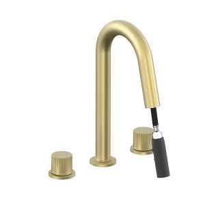 Vado Safari Satin Brass Leverless Deck Mounted 3 Hole Basin Mixer Tap with Pull Out Spout
