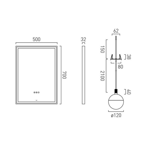 Vado Safari Pewter 500 x 700mm LED Rectangular Bathroom Mirror and Pendant Lights Package #3