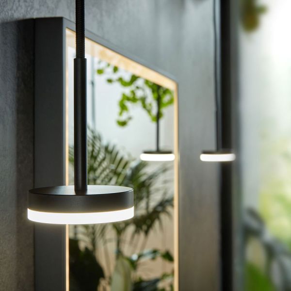Vado Safari Matt Black 800 x 600mm LED Landscape Rectangular Bathroom Mirror and Disc Style Pendant Lights Package #4