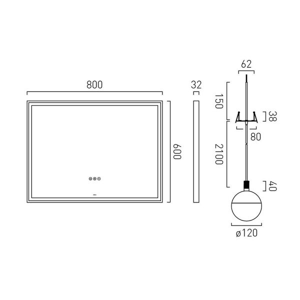 Vado Safari Pewter 800 x 600mm LED Landscape Rectangular Bathroom Mirror and Pendant Lights Package #3