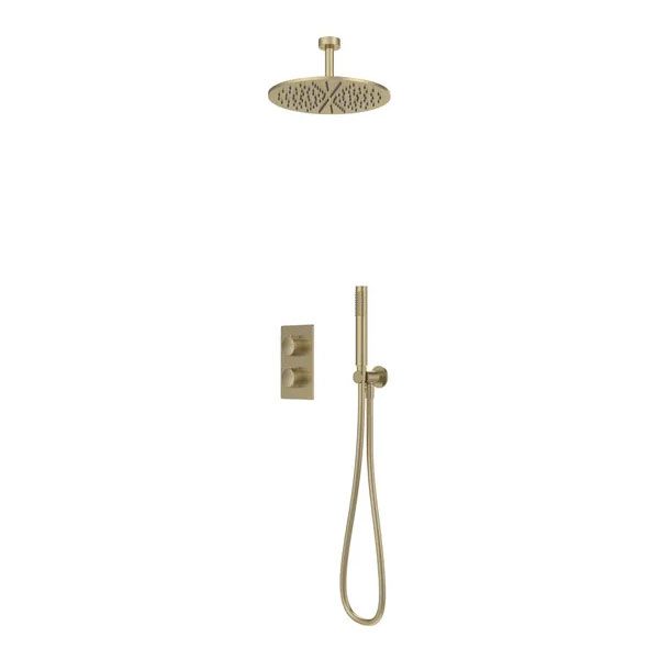 Tavistock Cohort Brushed Brass Concealed Two Outlet Shower Kit with Ceiling Mounted Shower Head