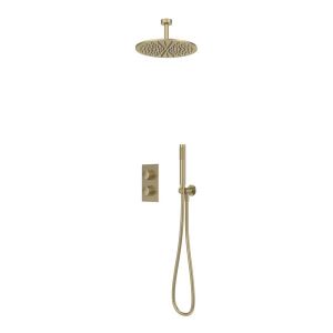Tavistock Cohort Brushed Brass Concealed Two Outlet Shower Kit with Ceiling Mounted Shower Head