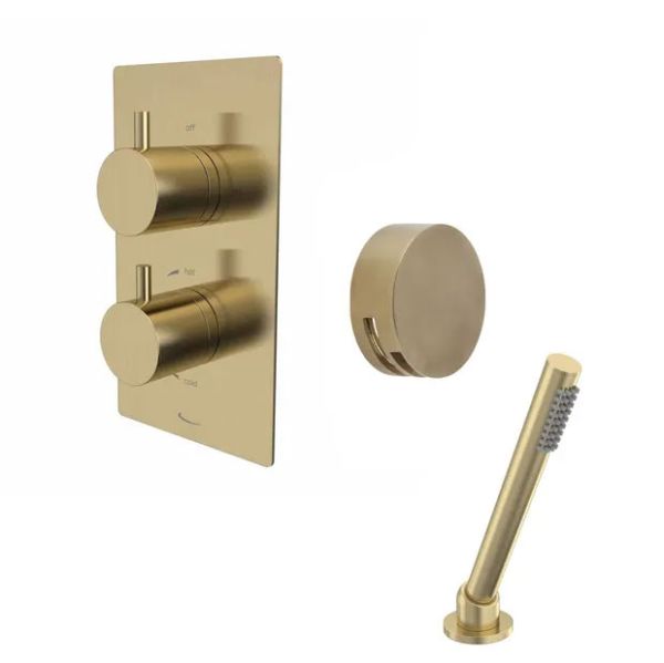 Tavistock Quantum Brushed Brass Concealed Thermostatic Two Outlet Bath Filler and Shower Handset