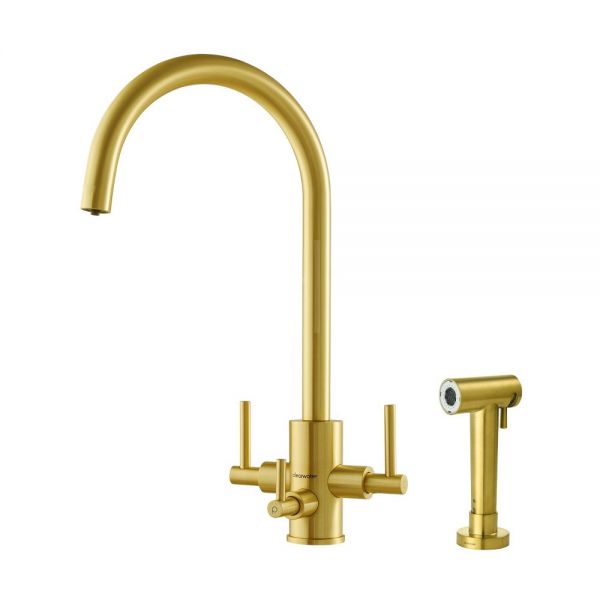 Clearwater Stella Tri Spar C Brushed Brass Filtered Water Kitchen Sink Mixer Tap with Rinse