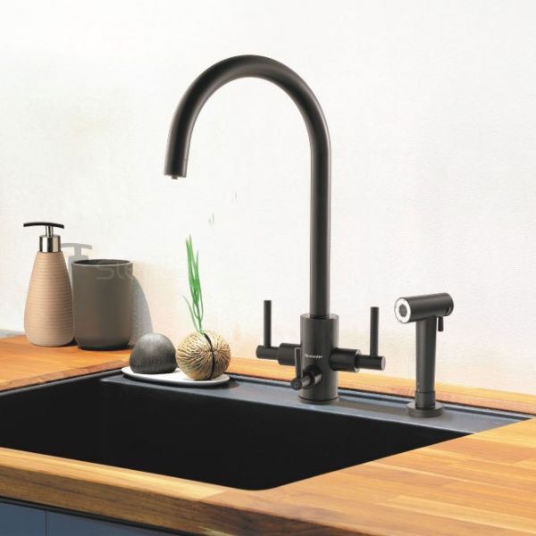 Clearwater Stella Tri Spar C Matt Black Filtered Water Kitchen Sink Mixer Tap with Rinse