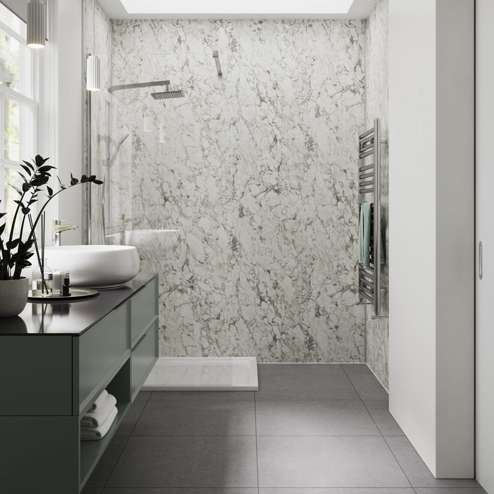 Showerwall Large Recess Calacatta Marble Waterproof Shower Panel Pack