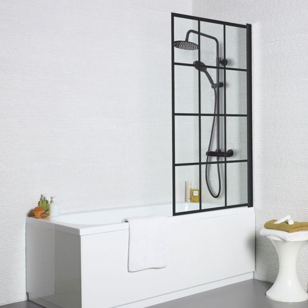 Kartell Krittal 1435 x 780 Hinged Black Square Edge Bath Shower Screen