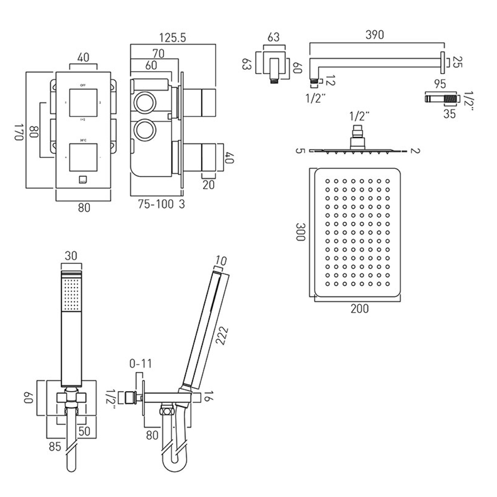 Vado Tablet 2 Outlet Concealed Thermostatic Shower Valve with Fixed