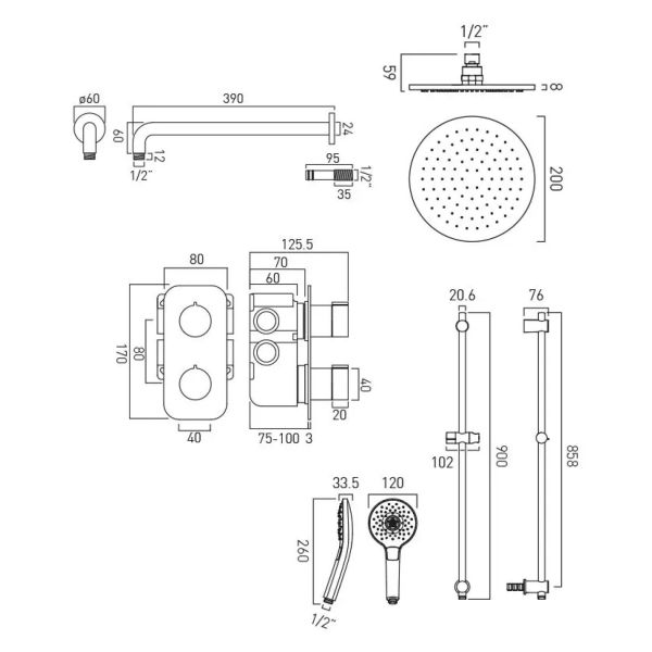 Vado Tablet Altitude Chrome 2 Outlet Thermostatic Shower Set with Riser Rail #2