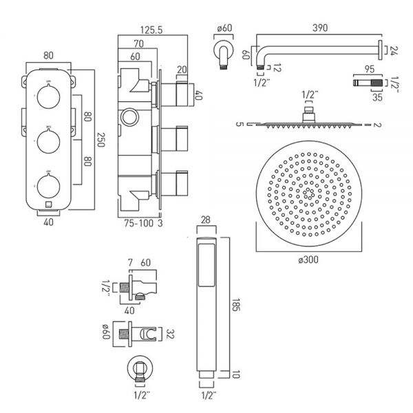 Vado Tablet 2 Outlet Concealed Thermostatic Valve with Fixed Shower Head and Slide Rail Shower Kit #2