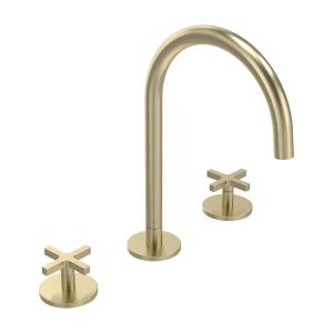Tavistock Cohort Cross Brushed Brass Deck Mounted Basin Mixer Tap with Waste