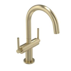 Tavistock Cohort Brushed Brass Mono Duel Lever Basin Mixer Tap with Waste