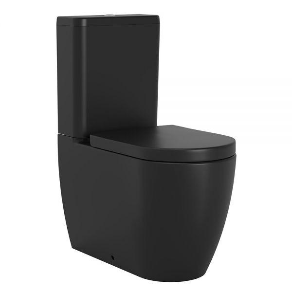 Tissino Davoli Matt Black Rimless Close Coupled Toilet, Cistern and Seat with Black Fixings