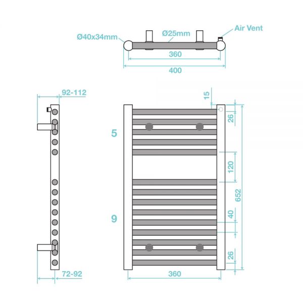 Tissino Hugo 400 x 652mm Lusso Grey Electric Only Towel Rail #2