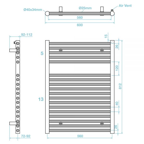 Tissino Hugo 600 x 812mm Lusso Grey Electric Only Towel Rail #2