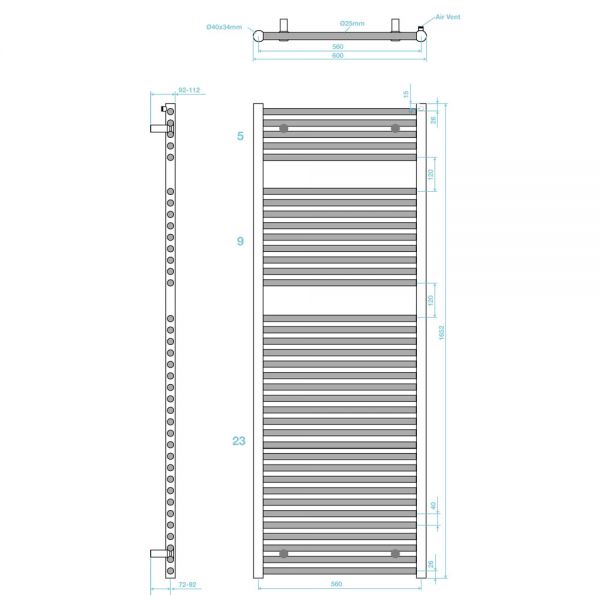 Tissino Hugo Towel Rail 1652 x 600 Anthracite Factory Filled Electric #2