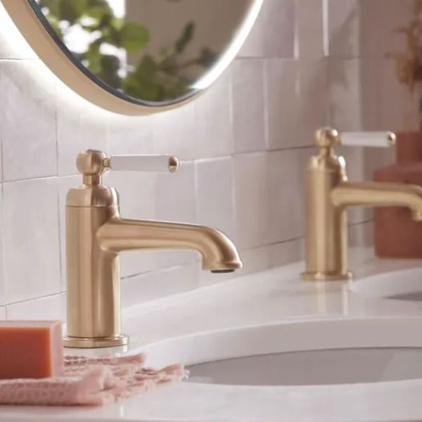 Tavistock Lansdown Brushed Brass Lever Basin Pillar Taps #2