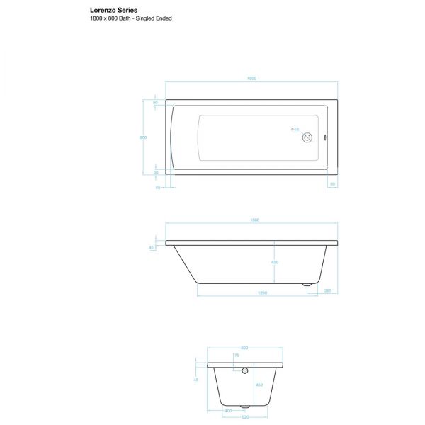 Tissino Lorenzo 1800 x 800mm Single Ended Bath #2