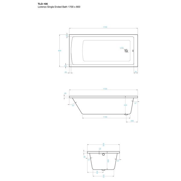 Tissino Lorenzo 1700 x 800mm Single Ended Bath #2