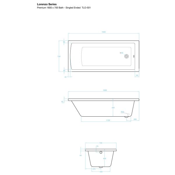 Tissino Lorenzo Premium 1600 x 700mm Single Ended Bath #2