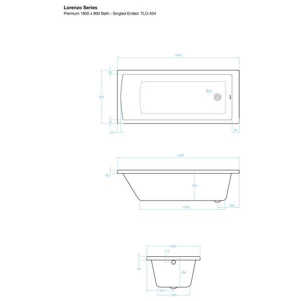 Tissino Lorenzo Premium 1800 x 800mm Single Ended Bath #2