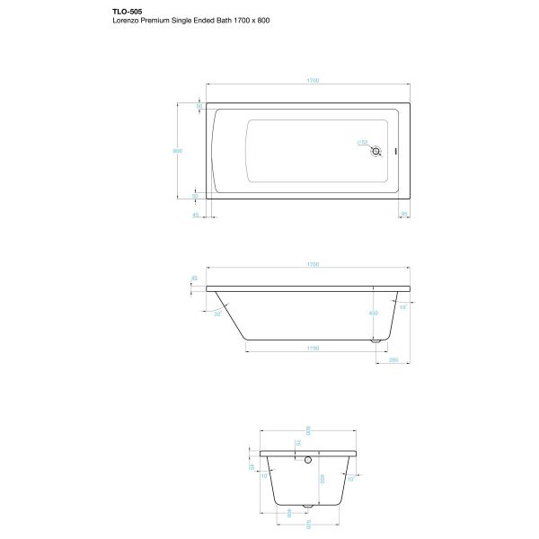 Tissino Lorenzo Premium 1700 x 800mm Single Ended Bath #2