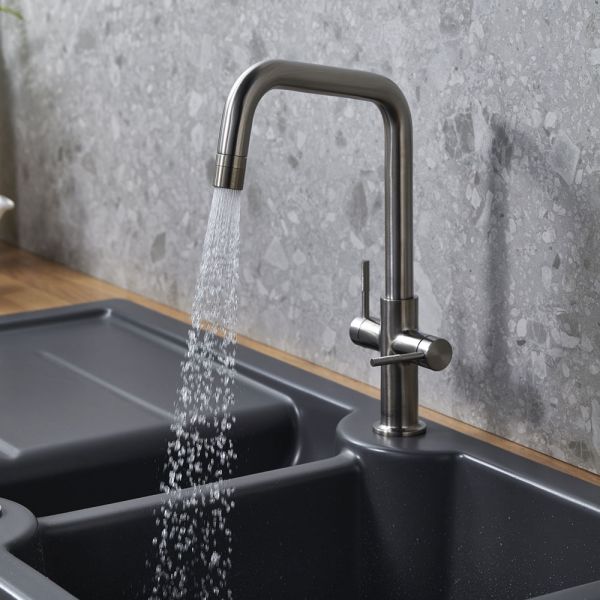 Clearwater Topaz U Dual Lever Brushed Nickel Twist & Spray Monobloc Kitchen Sink Mixer Tap #4