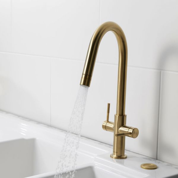 Clearwater Topaz J Dual Lever Brushed Brass Twist & Spray Monobloc Kitchen Sink Mixer Tap #4
